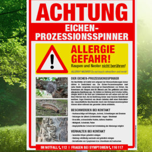 Hinweisschild Eichenprozessionsspinner Allergiegefahr mit Bildern und Informationen zur Raupe