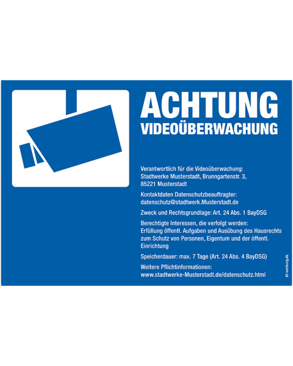 DSGVO Hinweisschild in blau mit Aufschrift Achtung Videoüberwachung und weiteren Datenschutz-Informationen