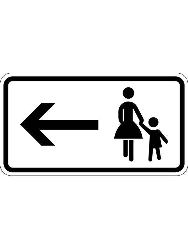 Weißes Schild mit Fußgänger und Pfeil nach links