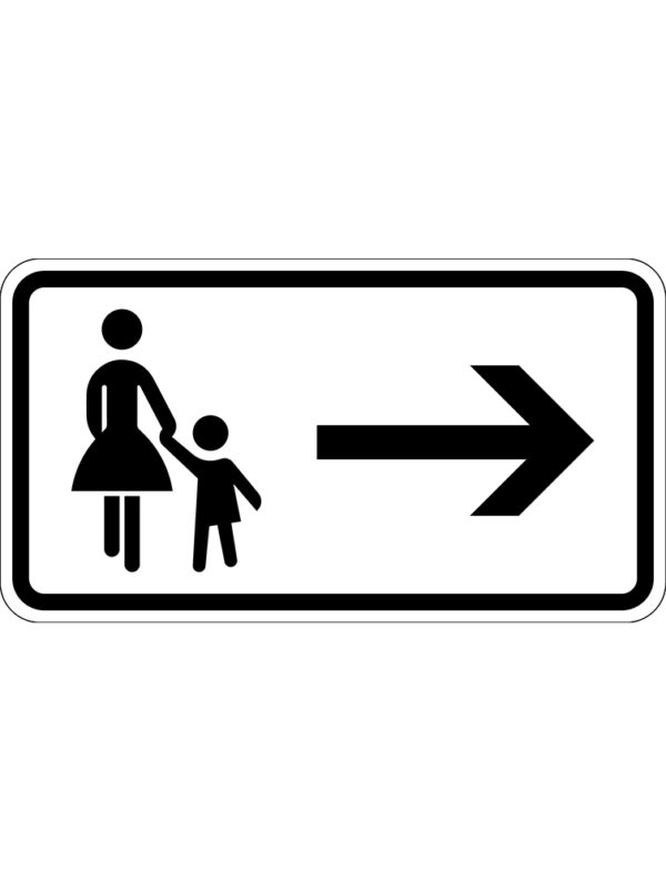 Weißes Hinweisschild mit Fußgängern und Pfeil nach rechts