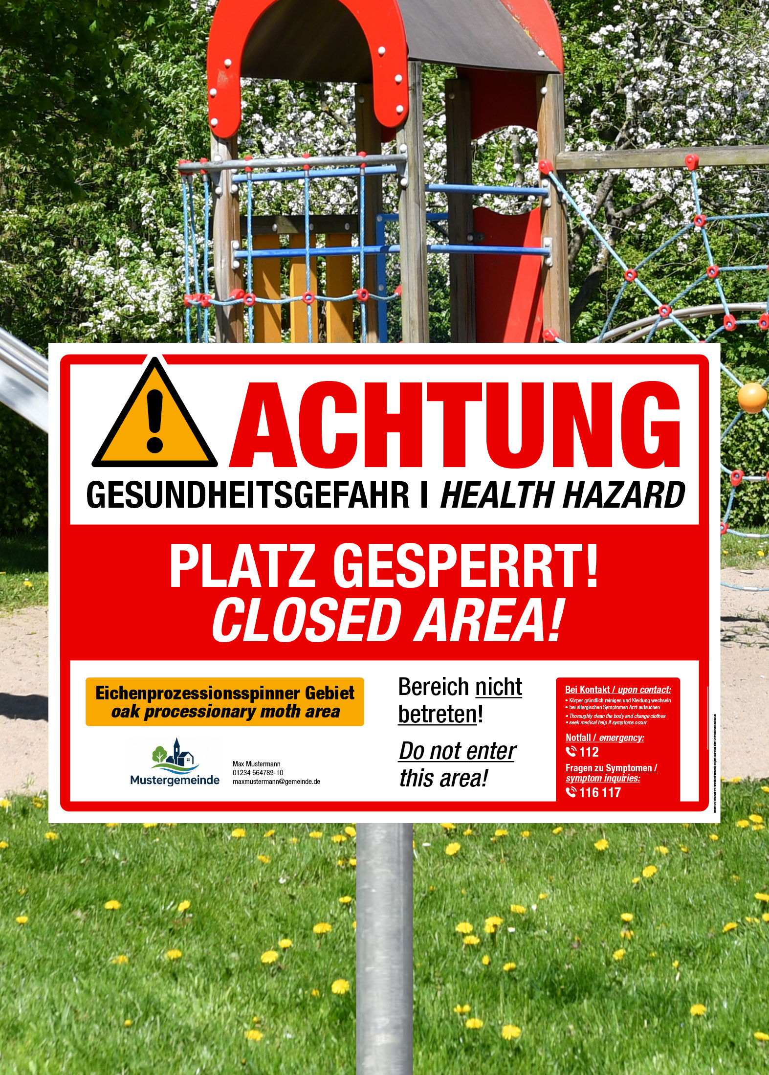 Absperr Hinweis für befallener Bereich Eichenprozessionsspinner, wie z.B. Spielplätze, Sportplätze, Pausenhöfe in Schulen und Co.